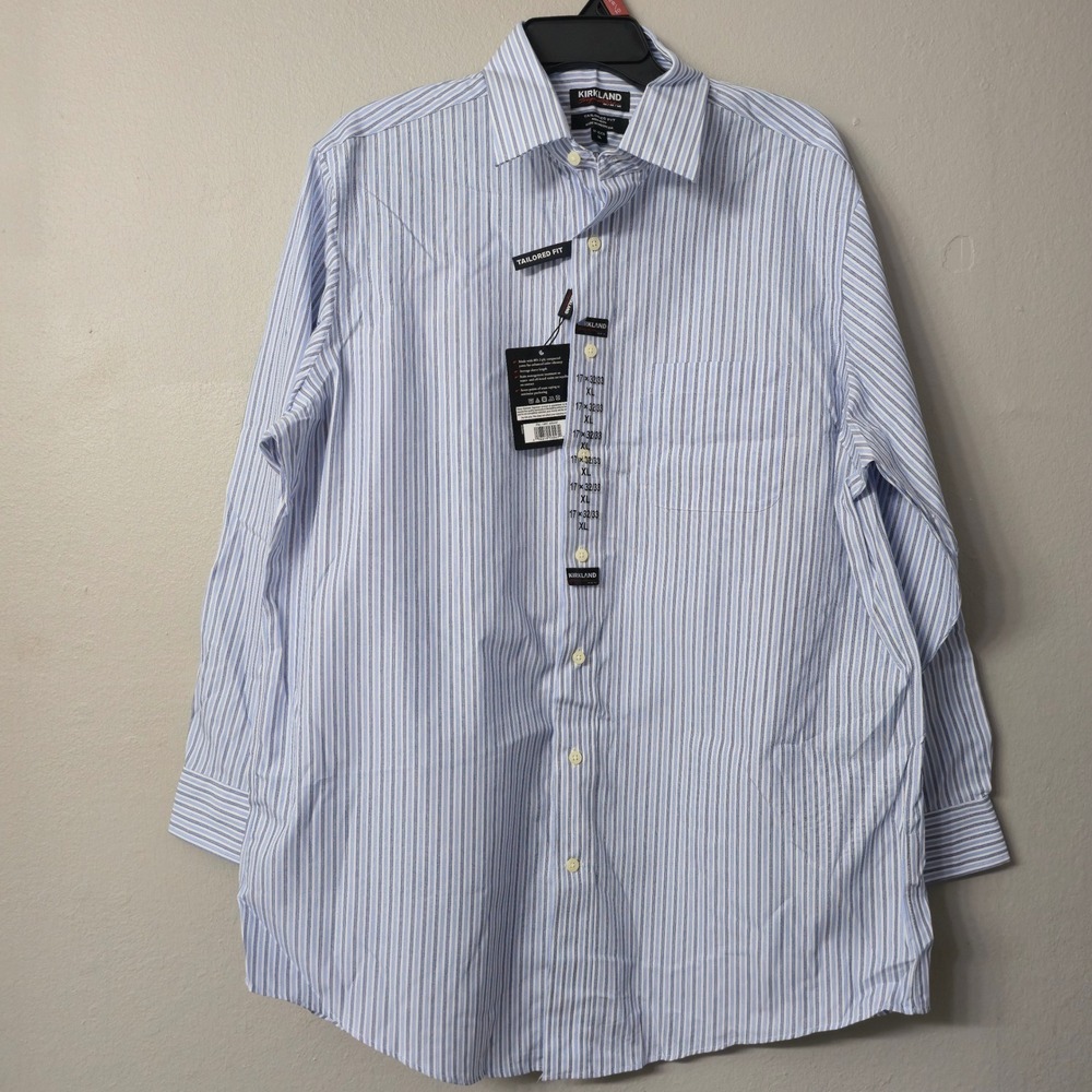 Kirkland Signature Mens Tailored Fit Non-Iron Cotton Dress Shirt Blue Stripe XL